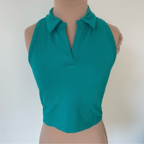 Athleta Bright Tropics Green Ribbed Aurora Seamless Crop Polo Tank Top EUC Sz S - Picture 5 of 12